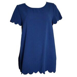 PinkBlush Top Womens Size M Medium Solid All Blue Scalloped‎ Detail Short Sleeve